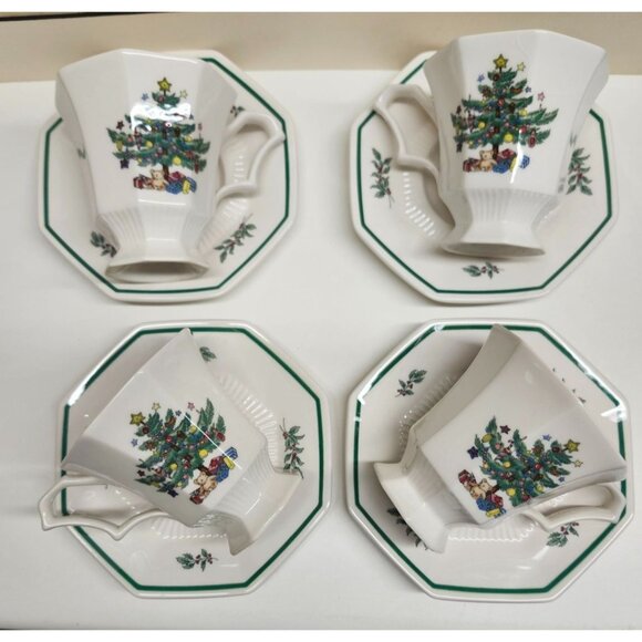Octagon Shape Christmas Mugs & Saucer Sets Nikko Christmastime Japan Ceramic - Picture 1 of 10